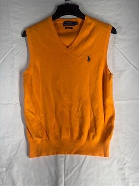 Vintage Polo by Ralph Lauren Bright Orange V-Neck Sweater Vest with Navy Logo